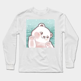 Cute cub polar bear say hi character design with snowflake background. Vector illustration Long Sleeve T-Shirt